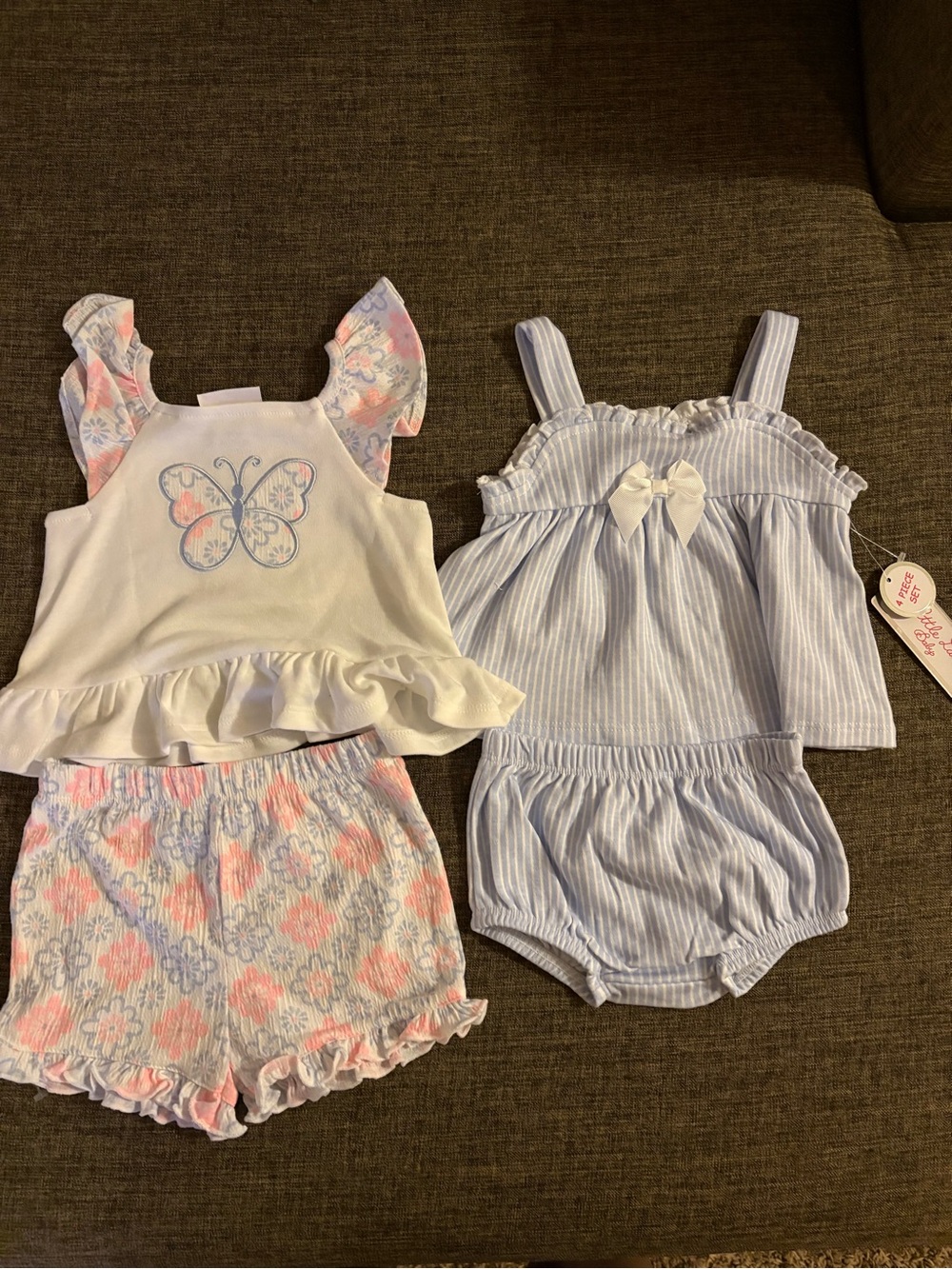 Two-Piece Butterfly Ruffle Set + Blue Striped Bow Romper - Pink, Blue, White